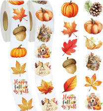 Fall Stickers Roll - 1000 Pcs Thanksgiving Autumn Stickers, Pumpkin Animal Maple