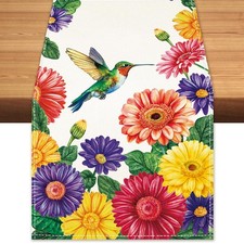 Summer Hummingbird Table Runner Spring Daisy Floral Burlap Table Runners, Col...
