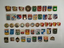 50 Soviet pin badges, Coats of arms of cities, flag of USSR, badge lot, 310