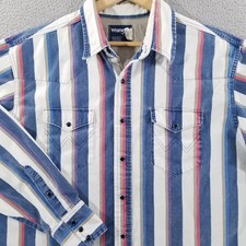Wrangler Pearl Snap Brushpopper Shirt XL 17.5 Blue White Red Western Rodeo Vtg