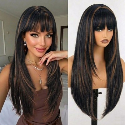 Synthetic Hair Heat Resistant Long Straight Black Brown Cosplay Wig With Bangs