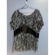 LANE BRYANT WO SIZE 20 ROMANTIC GOTH BLOUSE BLACK VELVET CORSET LOOK BLUE PRINT