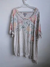 Catherines Womens Top Plus Sz 4X Brown Floral Tie Sleeve Asymmetric Hem Stretch