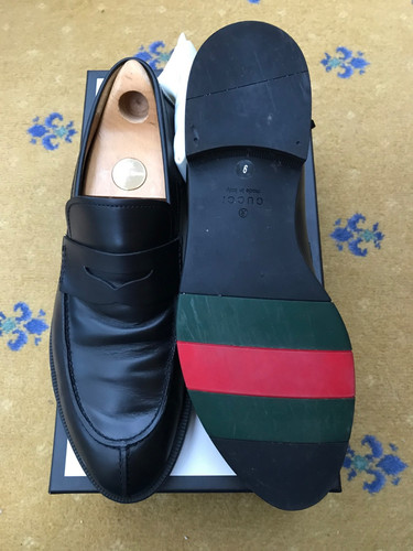 Gucci Loafers Shoes Leather Black Penny Green Red Sole Mens UK 9 US 10 EU 43