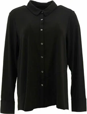 H by Halston M Jet Set Jersey Button Front Shirt Asymmetric Hem Black QVC 3017-Q