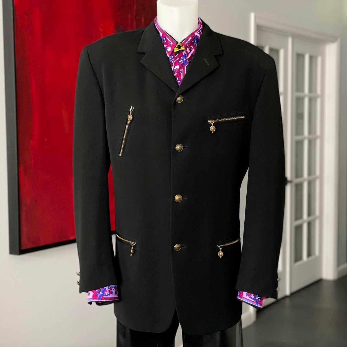GIANNI VERSACE black wool 4 button blazer w/ 4 zipper
