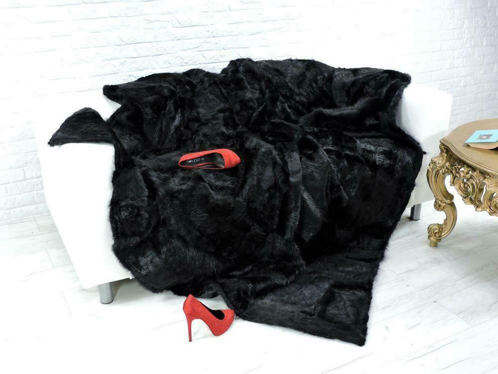 Luxury Rabbit Fur Throw 100% Real Fur Blanket Bedspread Black 55x63''