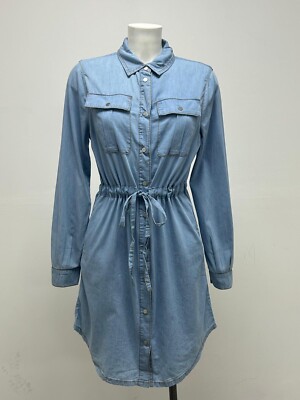 Ex New Look Lightweight Denim Drawstring Mini Shirt Dress With Pockets Size  8-20 UK