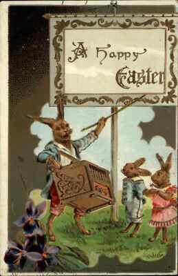 Easter Fantasy Dressed Rabbits Organ Grinder c1910 Postcard