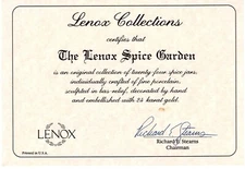 VINTAGE THE LENOX SPICE GARDEN 1992 CERTIFICATION CARD & BREAKAGE PROTECTION