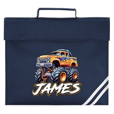 Personalised Orange Monster Truck Book Bag bag Back to School Boy Custom Name...