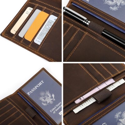 Genuine Leather Passport Holder RFID Travel Credit Card Passport