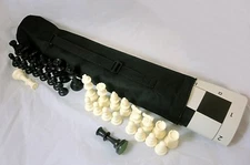 Quiver Chess Set Combo: Black Chess Bag, Black Board, Black & White Chess Pieces