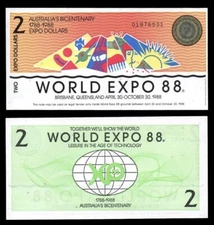 AUSTRALIA 2 Dollars, 1988, World Expo Commemorative, UNC World Currency