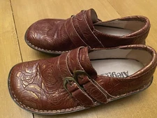 ALEGRIA Women’s Floral Brown Gold Clog Shoes, ALL-572, Leather Upper, EU 37