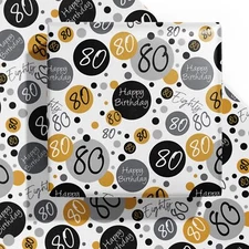 Birthday Wrapping Paper Sheet - 6 Sheets Black 80th Birthday Design Folded Fl...