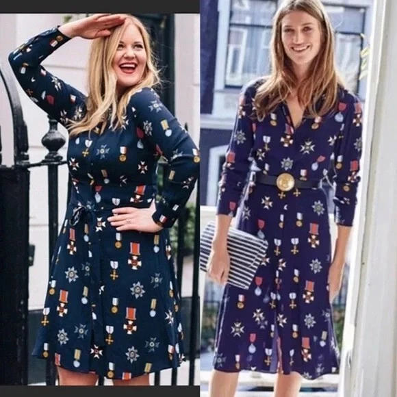 Boden Jessica Dress Womens UK 20 US 16 Navy Military Medal Print Button Shirt LS - Image 2 of 4