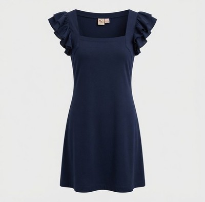 French Connection Denim Sz 8 Dress Navy Flutter Ruffle Sleeve Classy Preppy EUC