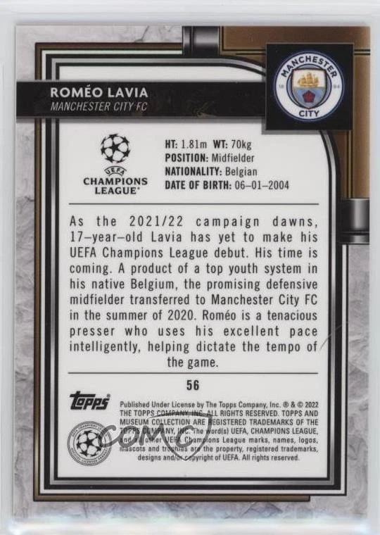2021-22 Topps Museum Collection UCL Gold /50 Romeo Lavia Roméo #56 Rookie RC - Image 2 of 2