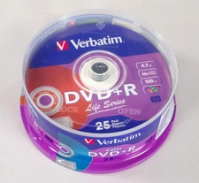 Verbatim Life Series Color DVD+R Disks 25 Pack, NOS, 4.7GB, 16X Speed, 120 Min