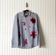 Desigual Mens Medium Striped Floral Button Down Long Sleeve Shirt