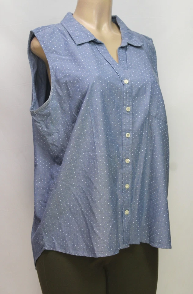 Basic Editions Women's Button Up Blouse Sleeveless Polka Dot Blue Size XL - Image 3 of 4