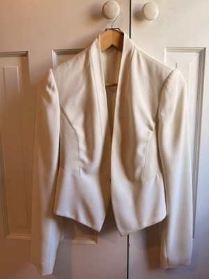 Elie Tahari Ivory Blazer Size 4 Leather Trim Open Front Jacket