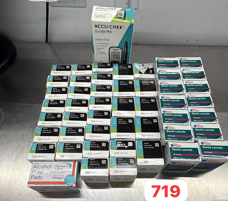 2,100 ACCU-CHEK GUIDE. TEST STRIPS,METER,SOLUTION,PADS,LANCETS,DINGED
