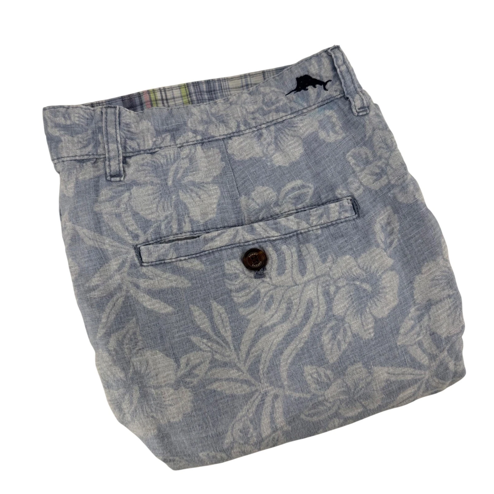 Tommy Bahama Linen Floral Reversible Plaid Shorts Mens Size 36 x 8.5