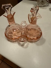 Vintage Glass Pink/Rose Depression Glass OIL AND VINEGAR JARS W/Stoppers/STAND
