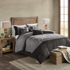 Queen Comforter Set 7 Pc Dark Gray Rustic Cabin Lodge Farmhouse Cozy Faux Suede