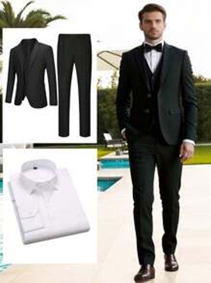 4pcs Men's Business Style Suit - Solid Color Two Button Lapel Jacket Vest Trouse