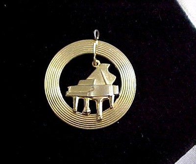 Vintage Gold Tone Circle With Drop Dangle Grand Piano Pendant Charm