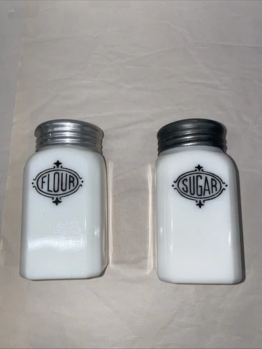 VINTAGE MILK GLASS FLOUR & SUGAR SHAKERS  - HAZEL ATLAS