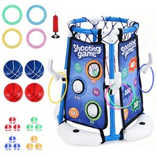 4-in-1 Floating Pool Basketball Hoop Set: Includes Ring Toss Game, Air Pump...