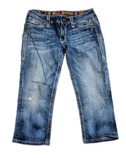 Rock Revival Pilkin Honeycomb Fleur De Lis Blue Denim Capri Women's 30