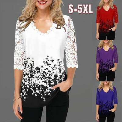 Womens Lace Floral V Neck Half Sleeve Tops T-shirt Ladies Casual Tunic Blouse