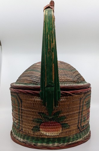 Asian Hokkien Teochew Woven Rattan Betrothal Basket Fish Koi Hand Painted 16.5" - Picture 2 of 10