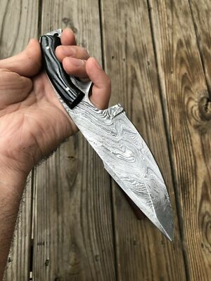 Custom HANDMADE FORGED DAMASCUS STEEL Skinning Knife W-Bull Horn Handle + sheath