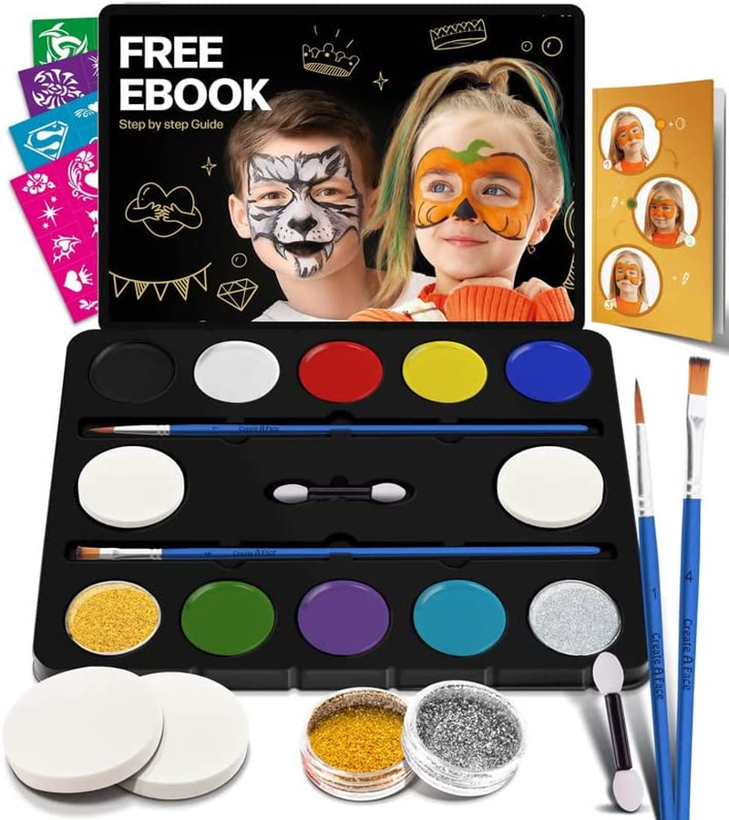 Face Painting Kit for Kids - 32 Stencils, 8 Water Based Face Paint Colors,  2 Bru
