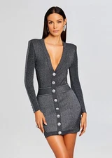 Retrofete Zem Dress in Metallic Black XL Ribbed Bodycon Cocktail