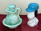 VTG LOT 2 AVON BOTTLES MILK GLASS SNOOPY & GREEN SWIRL MINI ROSE PITCHER BOWL EC