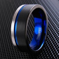 Three-tone Black-blue-silver Edge Tungsten Ring Blue Interior Men's - Engravable Three-tone Black-blue-silver Edge Tungsten Ring Blue Interior Men's - Engravable