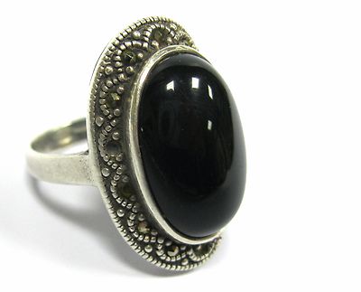 Vintage Ring SILVER 925 Head stamp Size 8.0 Black stone 8.14