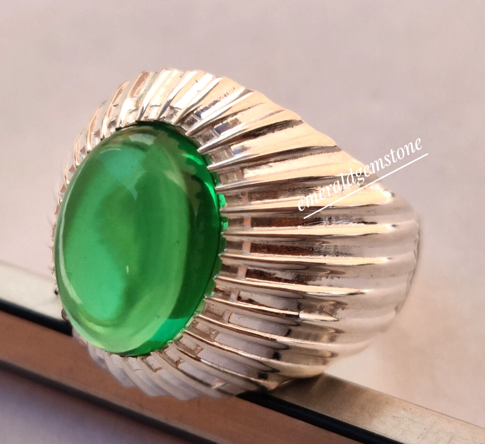 Green Emerald Gemstone Men's Ring 925 Sterling-Silver Handmade Ring Wedding Ring - Image 3 of 4