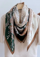 100% Silk 41" large Square Scarf Women Shawl Wrap floral green brown gray HD91-2