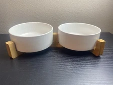 Ceramic Dog and Cat Bowl Set with Wooden Stand, Modern Cute Weighted Food Water 