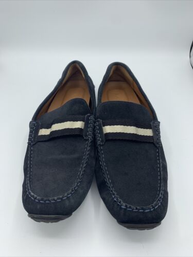 BALLY Men’s Size 10 Pearce Suede Driver Loafers Navy - Afbeelding 1 van 9