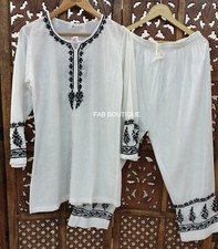 White Cotton Chikankari Co-ord Set Ethnic Wear Hand Embroided Kurti Pant Set