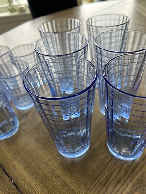 Set 13 PASABAHCE  Windowpane Blue Block Optic glass  Glasses High Ball  6  READ